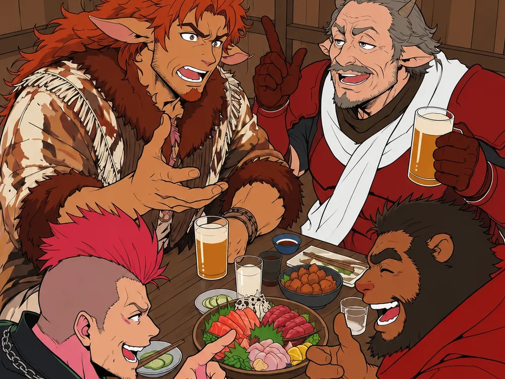 卓を囲んで作戦を語り合う4人のキャラ